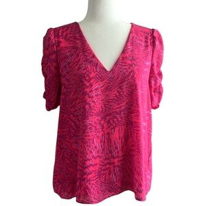 Adrienne Blouse Pink And Purple V Neck Ruched Sleeves Size Small Valentine’s Day
